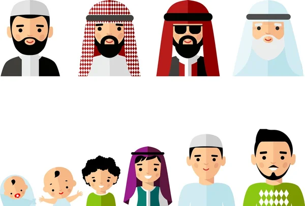 Set of age group arabic avatars man in colorful style. — Stock Vector