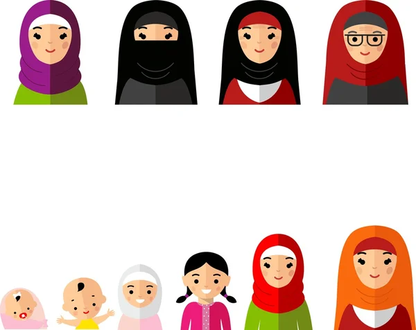Uppsättning av åldersgrupp arabiska avatarer kvinna i färgglada stil. — Stock vektor