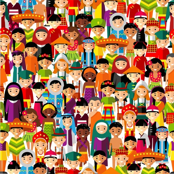 Seamless background with set of multicultural national children. — Stock Vector