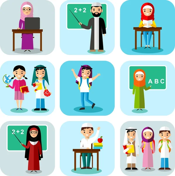 Arabische leerling en leraar in nationale kleren in vlakke stijl. — Stockvector