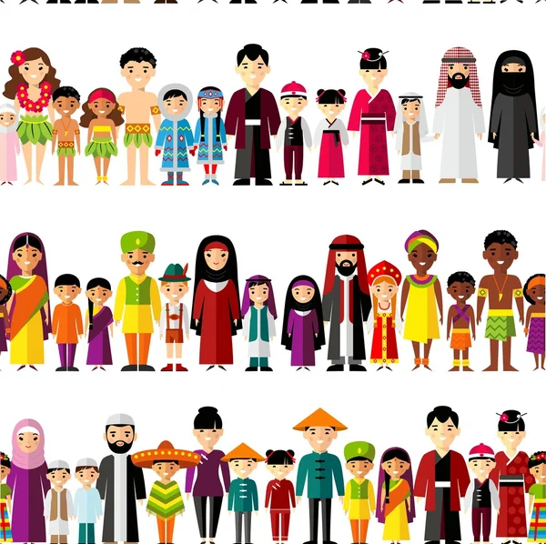 Seamless background with set of multicultural national family. — Stock Vector