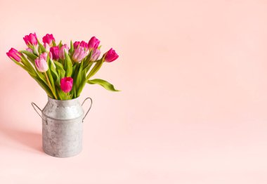 pembe arkaplanda bir vazoda pembe laleler. Tatil geçmişi, sevgililer günü için fotokopi alanı anneler günü, doğum günü konsepti.. 