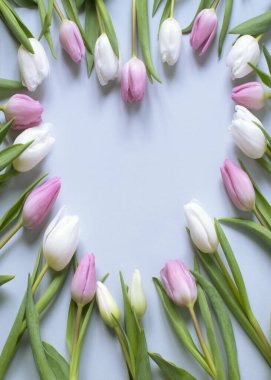 Kırtasiye, kart, düğün ve etkinlikler için ideal açık mavi arkaplan üzerinde fotokopi alanı olan kalp şeklinde güzel pembe ve beyaz laleler.