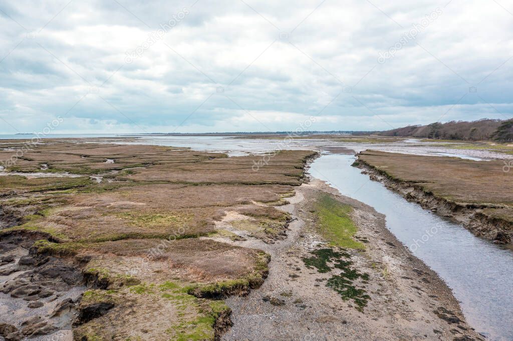 high view looking down an estury at the mouth of the sea showing mudflats and the ecosystem low tide uncovers blue sky and trees in the background 
