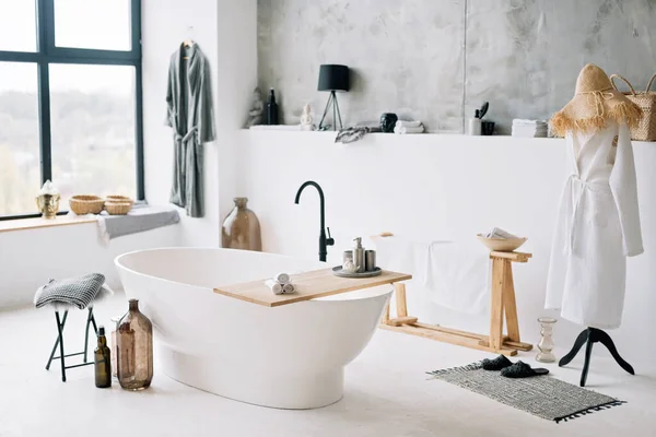 Bagno Moderno Bianco Appartamento Contemporaneo Con Elegante Stile Loft Interior — Foto Stock