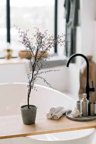 Μοντέρνο Σπα Και Μπάνιο Εσωτερική Έννοια Χαλαρωτική Διακόσμηση Καθαρές Πετσέτες — Φωτογραφία Αρχείου