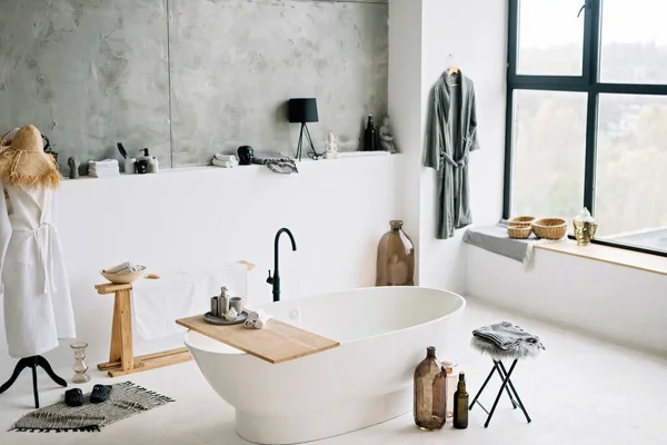 White Modern Bath Contemporary Apartment Stylish Loft Style Interior Design — Stock Photo, Image