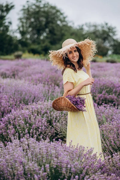 Mulher Bonita Vestido Amarelo Chapéu Com Uma Cesta Flores Campo — Fotografia de Stock