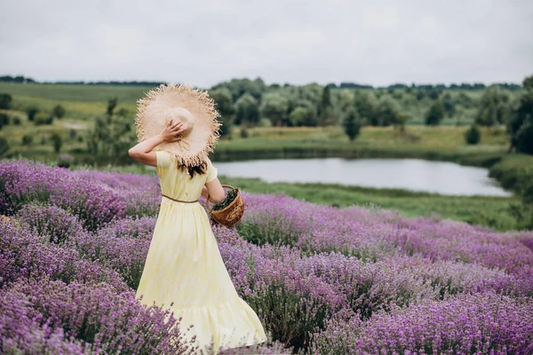 Mulher Despreocupada Bonita Vestido Chapéu Com Uma Cesta Flores Campo — Fotografia de Stock