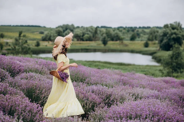 Beautiful Carefree Woman Dress Hat Basket Flowers Field Fragrant Lavender — Stock Photo, Image