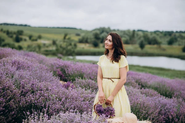 Mulher Bonita Nova Vestido Amarelo Com Uma Cesta Flores Campo — Fotografia de Stock