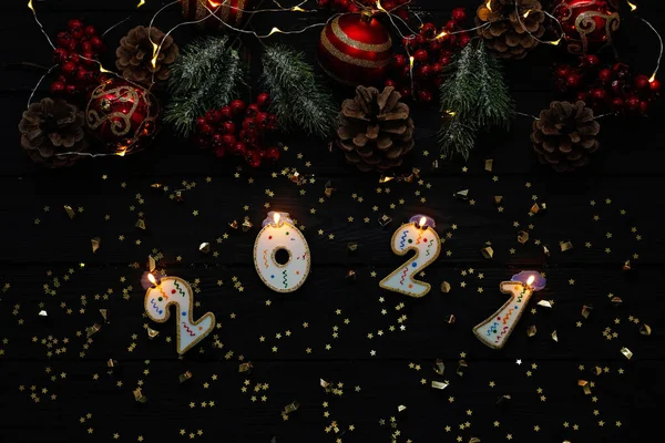 Christmas Black Background Inscription 2021 Lights Christmas Balls Branches Decorations — Stock Photo, Image
