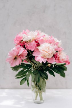 Gri arka planda fotokopi alanı olan pembe şakayık demeti. natürmort. Kadınlar günü ya da düğün konsepti. Şenlik arka planı. Yumuşak seçici odak.