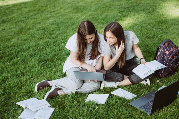 Zwei Studentinnen Sitzen Mit Büchern Und Laptops Park Auf Dem — Stockfoto