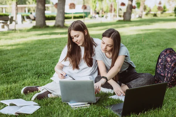 两名女学生拿着书本和笔记本电脑坐在公园的草地上 学习和准备考试 远距离教育 软性选择性重点 — 图库照片