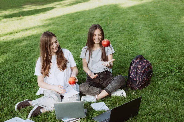 Zwei Glücklich Lächelnde Studentinnen Sitzen Mit Büchern Und Laptops Park — Stockfoto