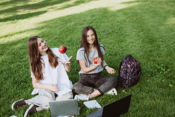 Twee Vrolijke Lachende Vrouwelijke Studenten Zitten Het Park Het Gras — Stockfoto