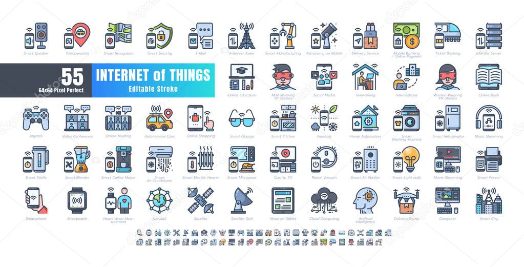 64x64 Pixel Perfect. Internet of Things (IOT). Flat Color Filled  Outline Icons Vector. for Website, Application, Printing, Document, Poster Design, etc. Editable Stroke