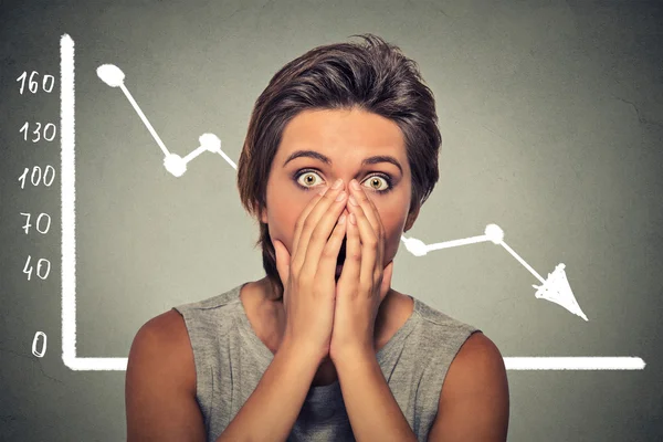 Shocked scared woman with financial market chart graphic going down — Stock Photo, Image