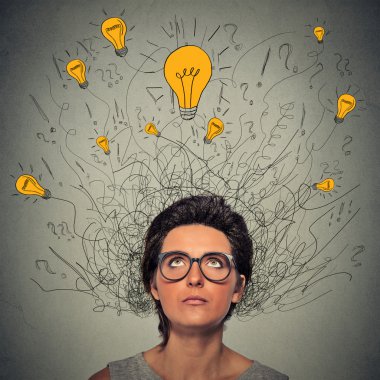 thinking worried woman with question signs and light idea bulbs above head 