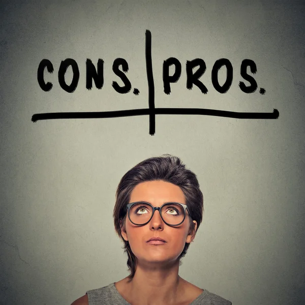 Pros and cons, for and against argument concept. Woman deciding — 스톡 사진