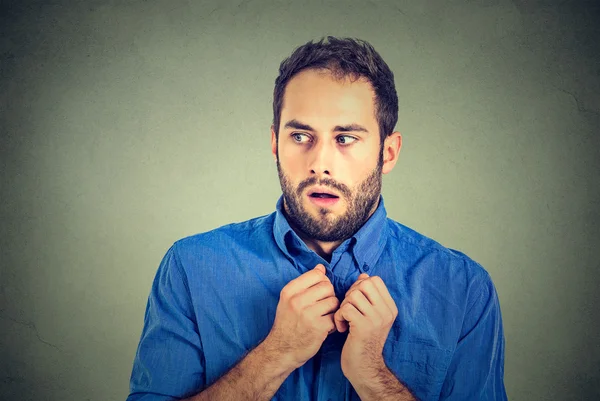 Nervous stressed young man student feels awkward looking away — Zdjęcie stockowe