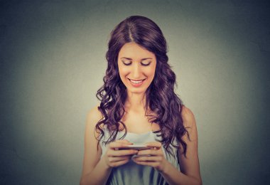 Woman holding using new smartphone connected browsing internet worldwide 