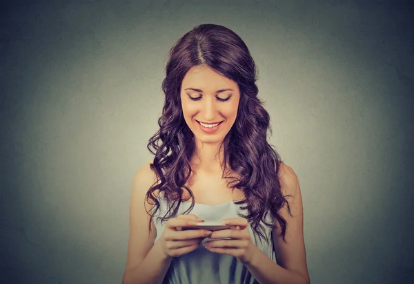 Woman holding using new smartphone connected browsing internet worldwide — Stockfoto