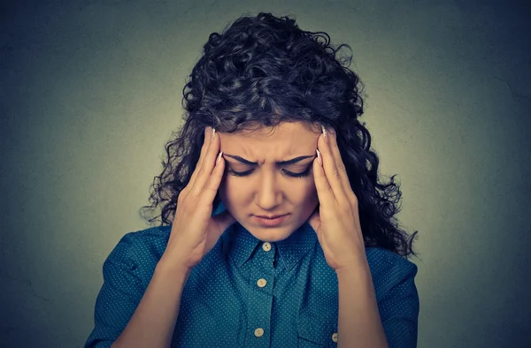 Closeup portrait worried young looking down — Stock Photo, Image