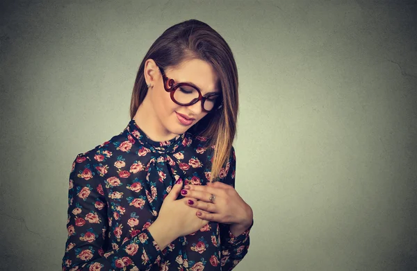 Closeup portrait young woman with breast pain touching chest — Stock Photo, Image