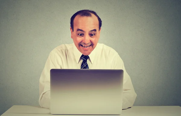 Retrato de un hombre de mediana edad feliz trabajando en un portátil en su oficina —  Fotos de Stock