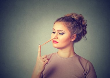 Woman with long nose. Liar concept. Human face expressions, emotions, feelings.