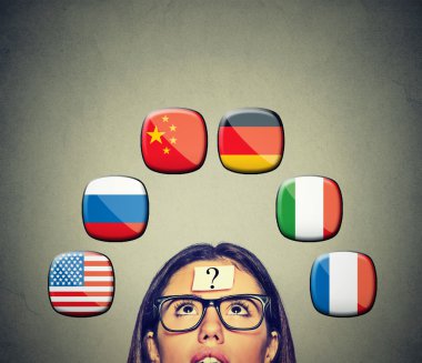 Woman with question mark icons of international flags above head