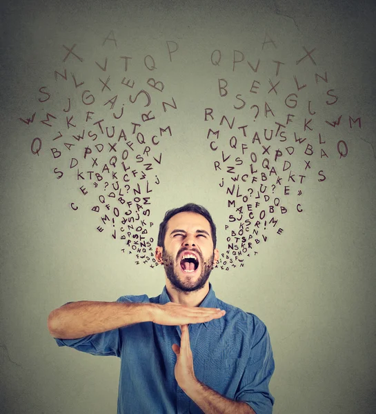 Young man showing time out hand gesture, frustrated screaming to stop — Stock Photo, Image