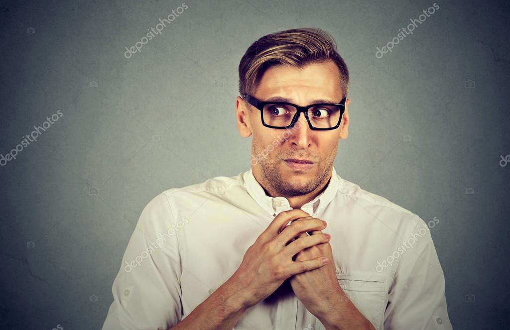 Nervous stressed man feels awkward anxiously craving something — Stock