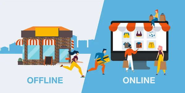 Vektor Von Menschen Die Von Offline Auf Online Shopping Umsteigen — Stockvektor