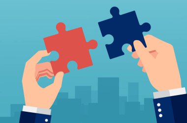 Şehrin arka planında yapboz parçalarını birleştiren bir işadamının vektörü 