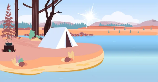 Vecteur Une Tente Camping Sur Une Plage Lac Sur Fond — Image vectorielle