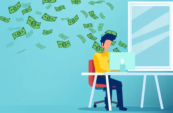 Bilgisayarda Çalışan Para Kazanan Genç Bir Adamın Vektörü — Stok Vektör