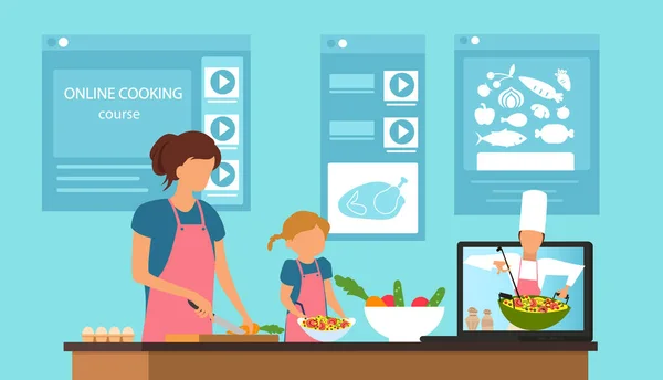 Vector Una Madre Una Hija Aprendiendo Recetas Línea Cocinando Casa — Archivo Imágenes Vectoriales