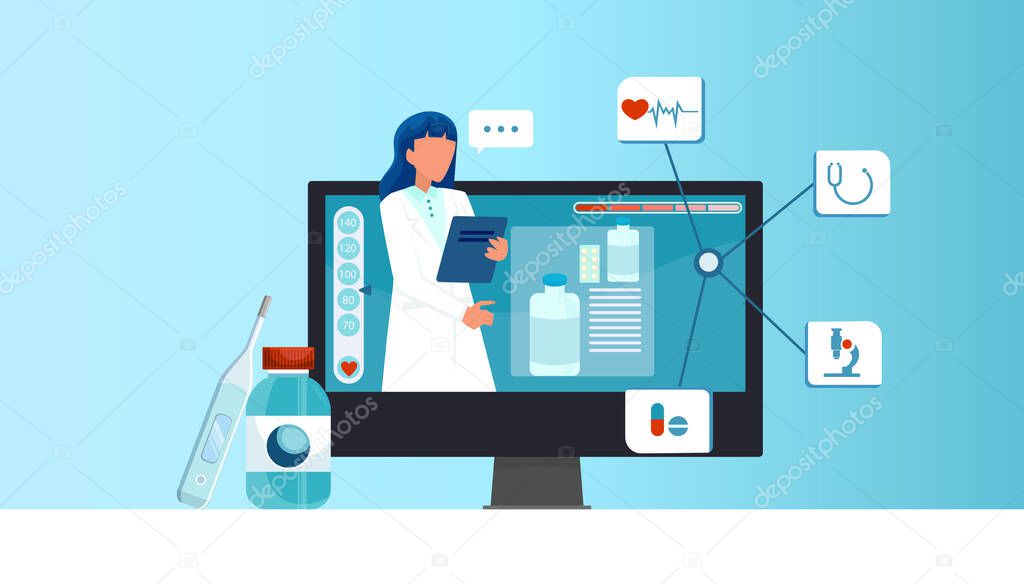 Online medical consultation concept. Vector of a female doctor giving a consultation to a patient via internet 