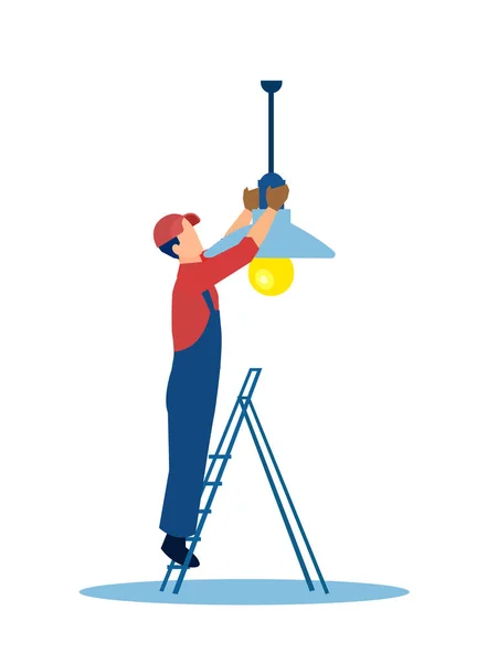 Vettore Elettricista Che Installa Una Lampada Isolata Sfondo Bianco — Vettoriale Stock