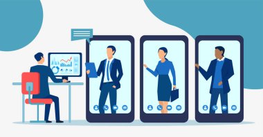 Modern teknolojiyi kullanarak online iletişim kuran iş adamlarının vektörü