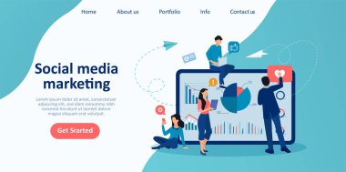 Sosyal medya web sitesi eğilimlerini analiz eden kadın ve erkek pazarlama ekibinin vektörü 