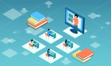 Çevrimiçi eğitim için çevrimiçi etkileşimli platformu kullanan öğrenci ve öğretmen vektörü