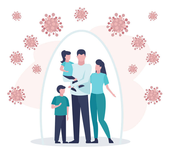 Вектор молодой семьи, защищенной от вирусов. Концепция иммунитета и вакцинации