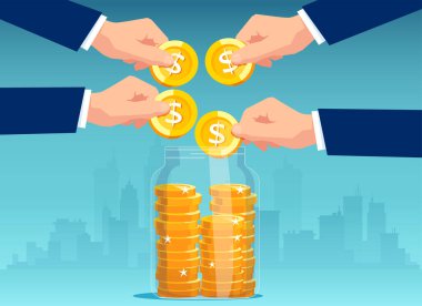 İş adamlarının cam kavanoza para koyması.