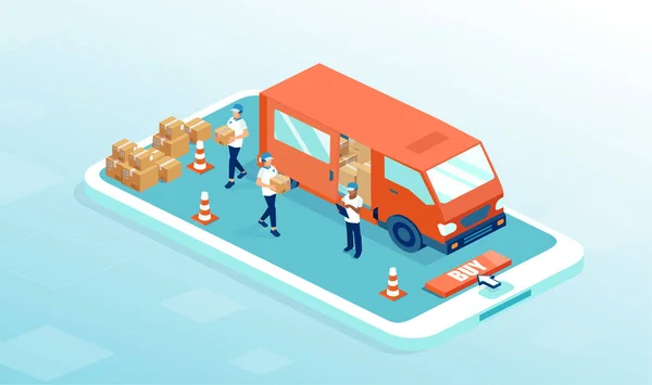 Vector Smartphone Delivery Truck Deliverymen Courier Unloading Cardboard Boxes — Stock Vector