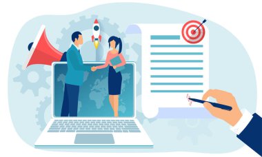 Bir işadamı ve iş kadını temsilcisi online sözleşme imzalarken el sıkışıyor..