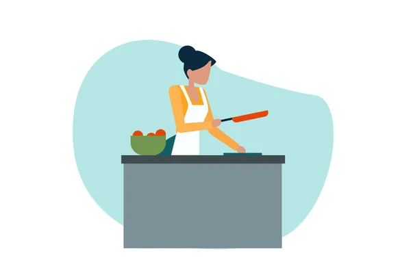 Vector Una Mujer Joven Preparando Comida Cocina Cortando Verduras — Vector de stock